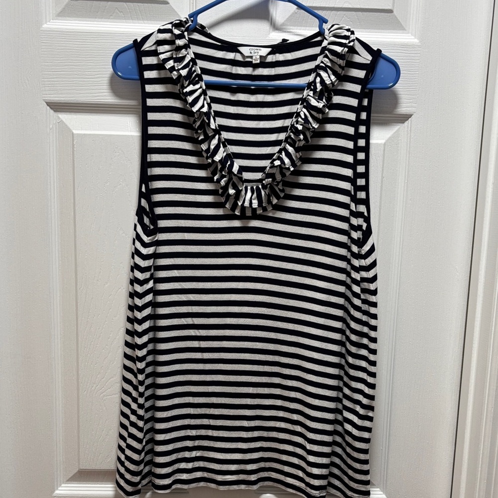 Crown & Ivy Blue  and White Striped Ruffle Tank Top